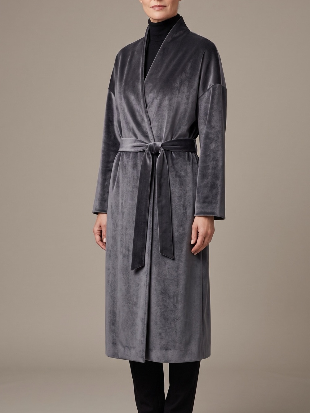 Brunello Cucinelli Charcoal Velvet Wrap Coat with Tie Belt